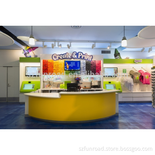 Kids store interior display solutions with toys wooden display shelves and curved checkout counters